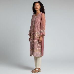 Pakistani Salwar Kameez Mauve Dress Sheer Sleeves Cream Embroidery Beads FLAWS